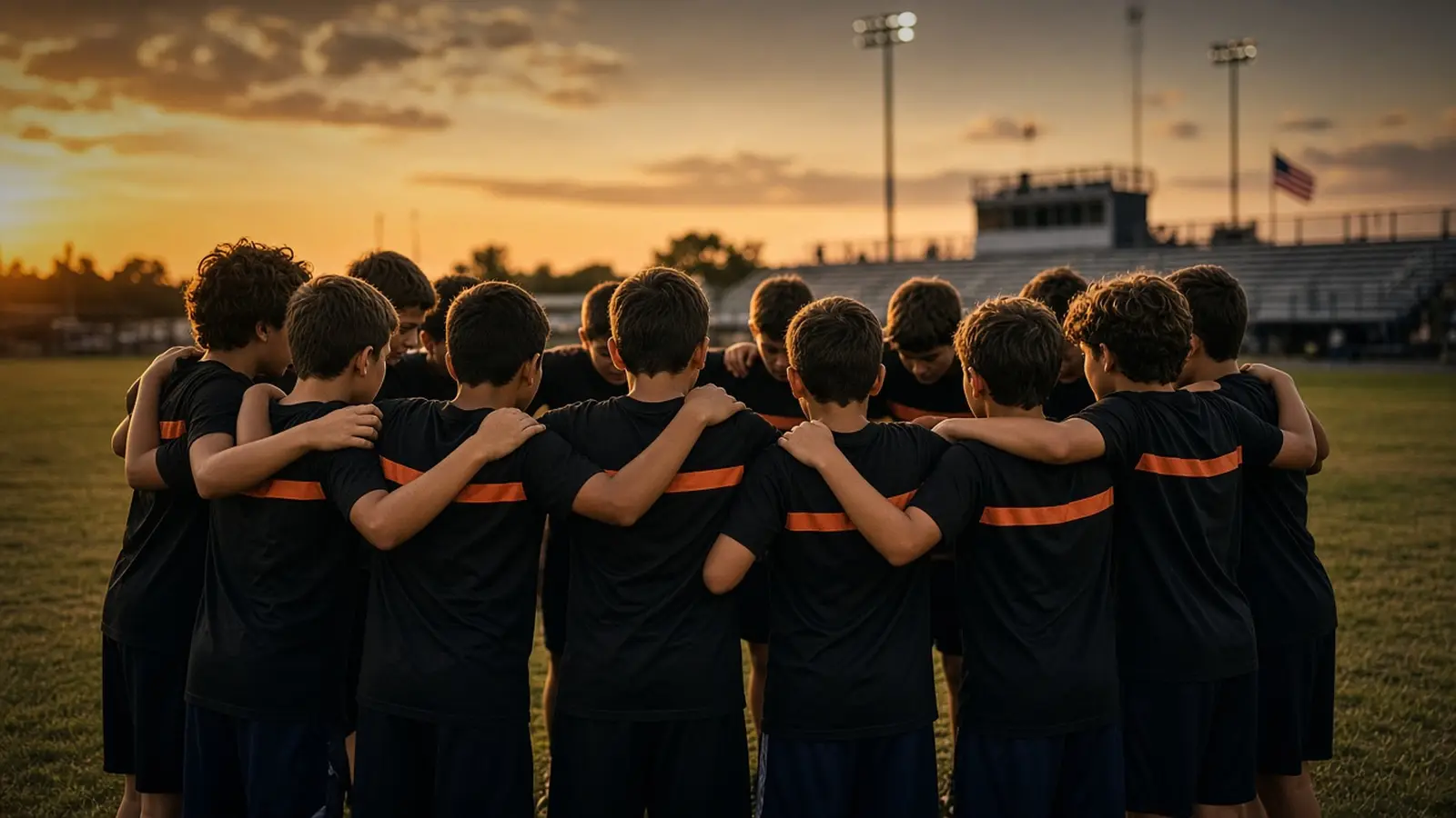 A youth team huddled on a field at sunset in matching shirts